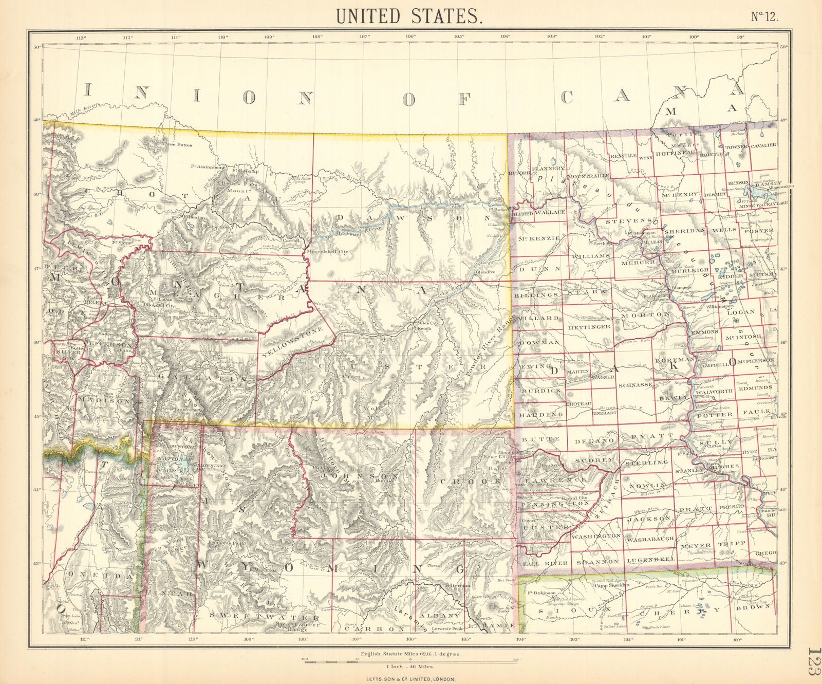 ROCKY MOUNTAINS. Montana Wyoming. Dakota Territory. LETTS 1892 old antique map